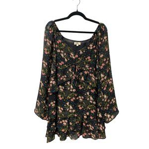 Umgee Floral Dress Sz S Black Chiffon Pink Florals Layered Drawstring A-line